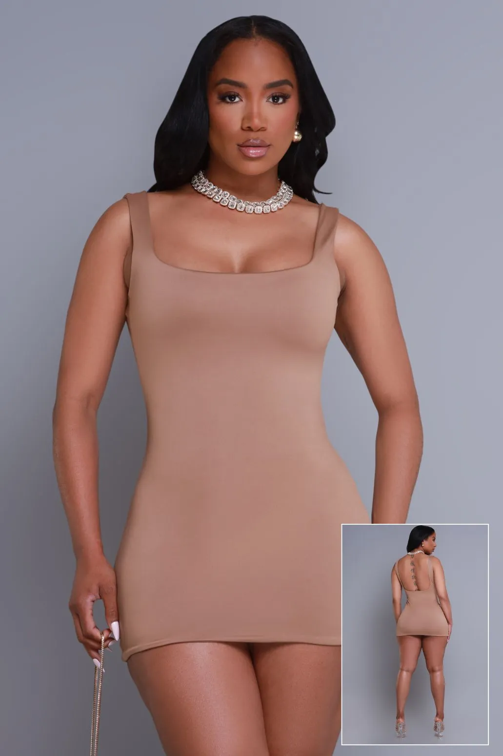 Second Skin Sculpting Open Back Mini Dress - Latte sold by Swankaposh