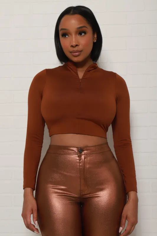 So What Double Layered Quarter Zip Top - Chocolate sold by Swankaposh