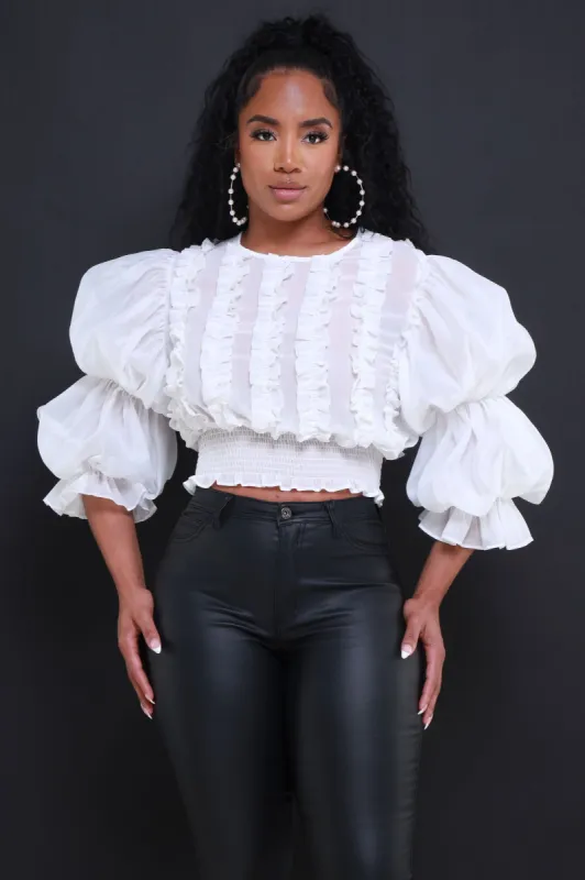 Shine Through Balloon Sleeve Crop Top - White sold by Swankaposh