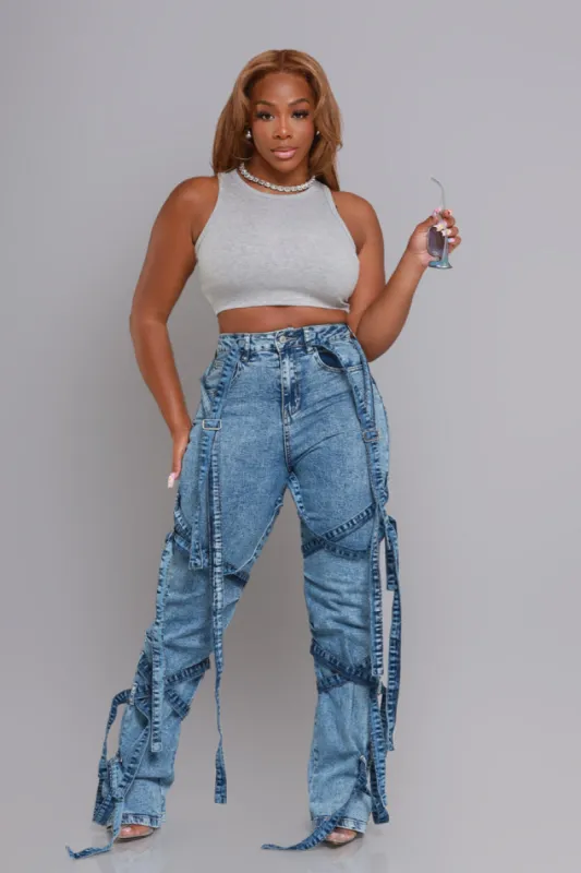 Hands Tied High Rise String Detailed Jeans - Medium Mineral Wash sold by Swankaposh