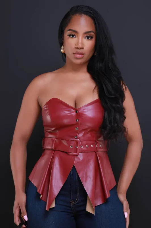 Party Rock Faux Leather Strapless Top - Burgundy sold by Swankaposh