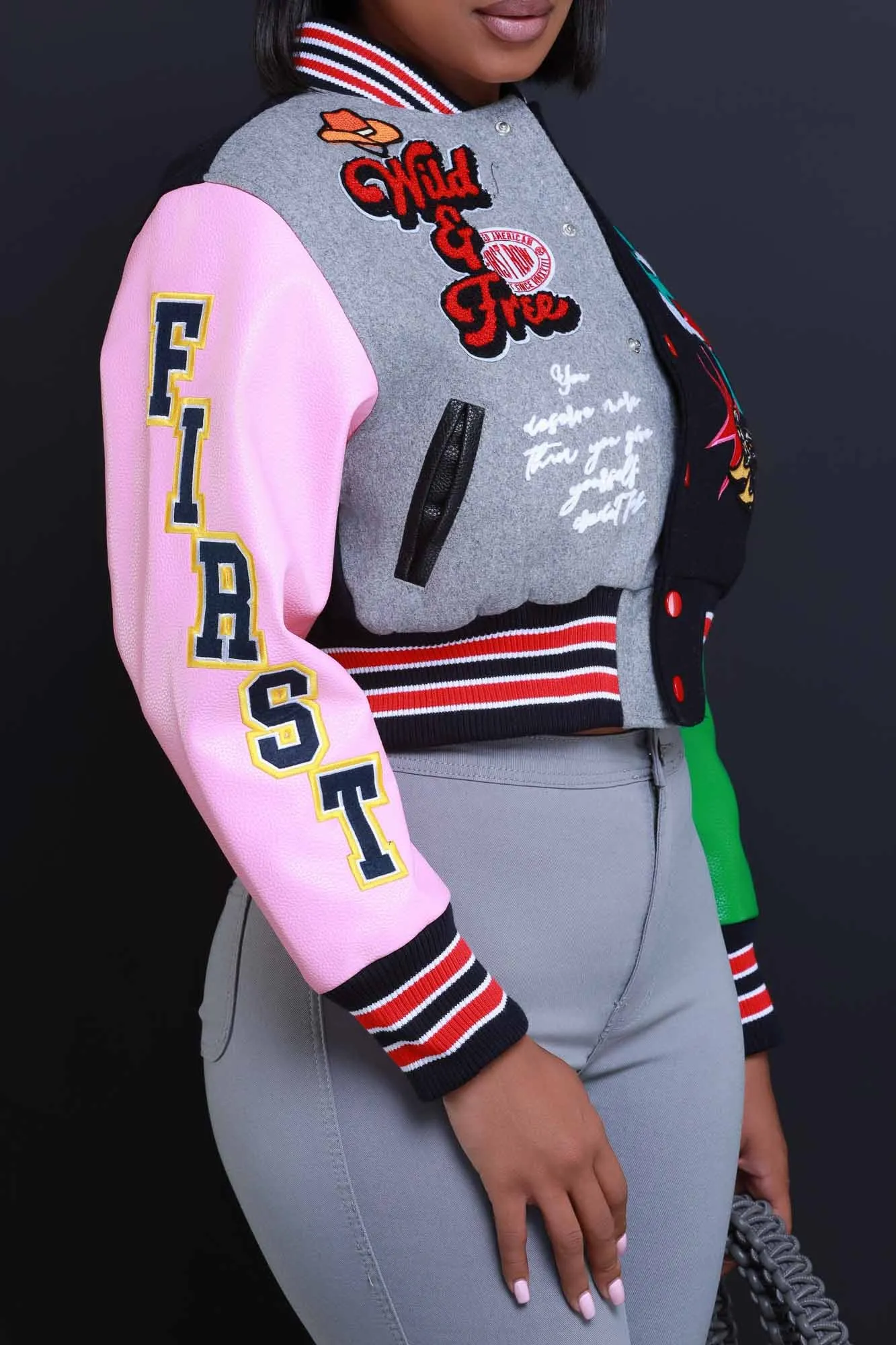 Open Range Cropped Faux Leather Varsity Jacket - Navy sold by Swankaposh product image thumbnail 5