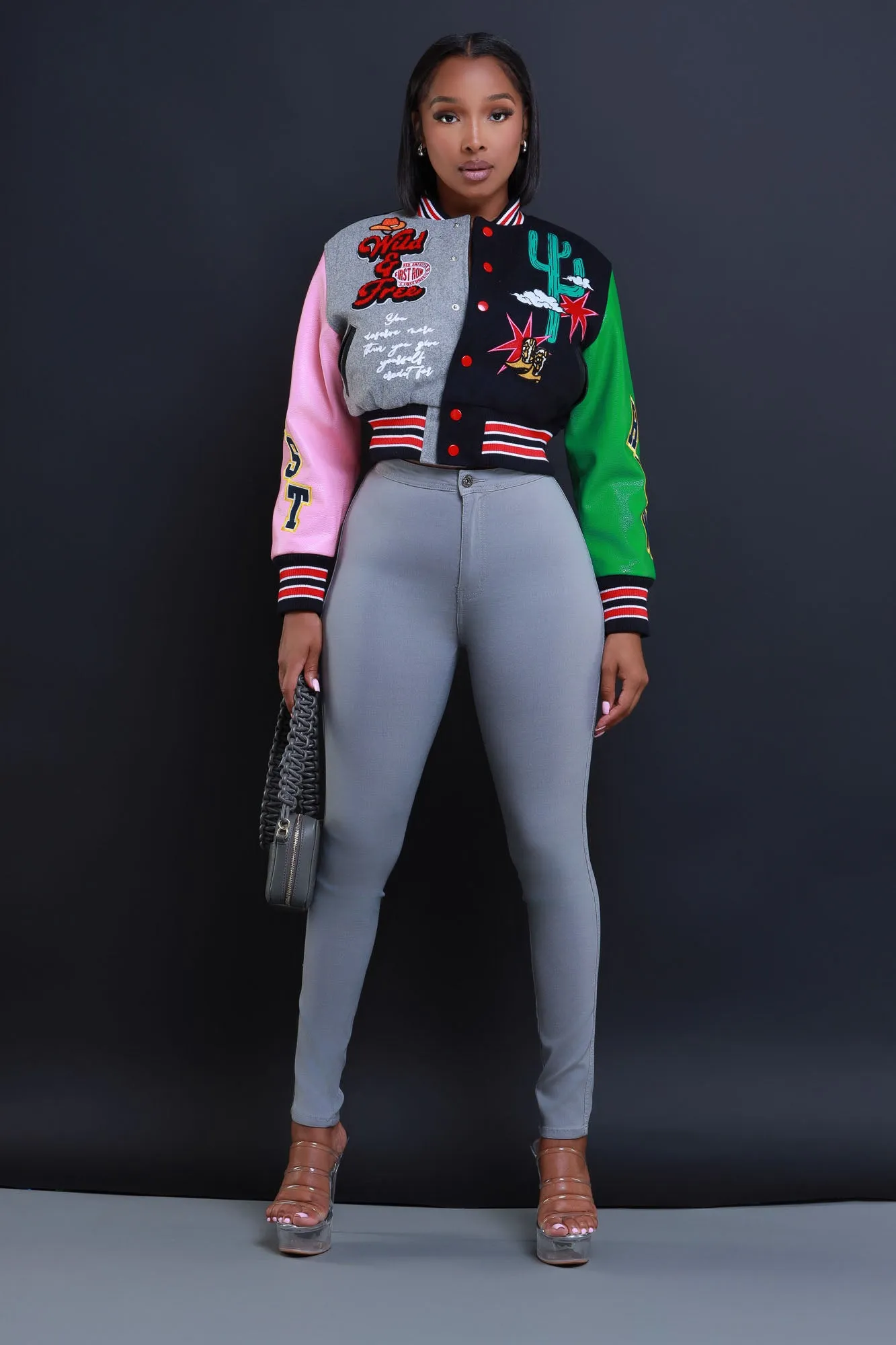 Open Range Cropped Faux Leather Varsity Jacket - Navy sold by Swankaposh product image thumbnail 2