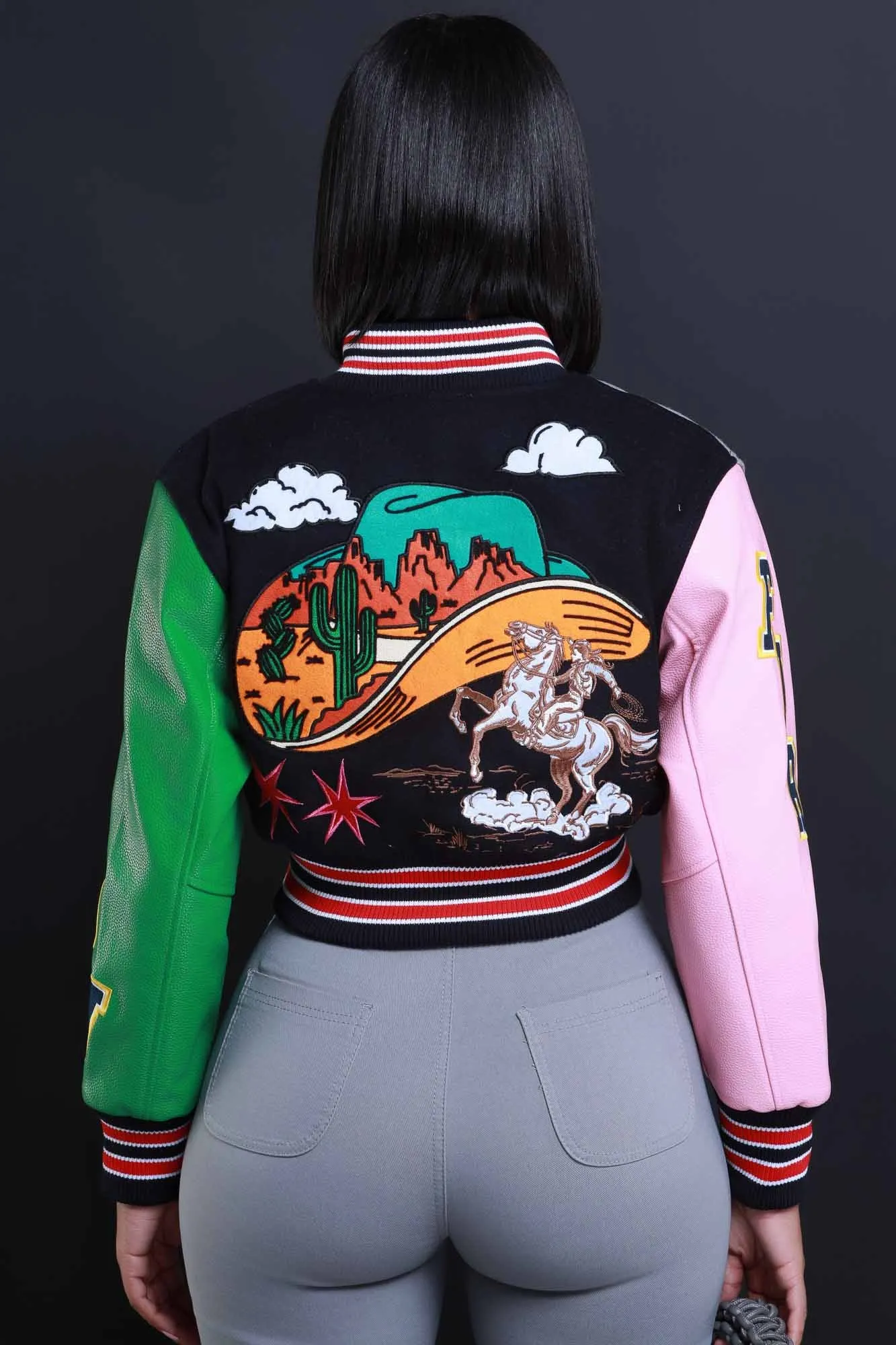 Open Range Cropped Faux Leather Varsity Jacket - Navy sold by Swankaposh