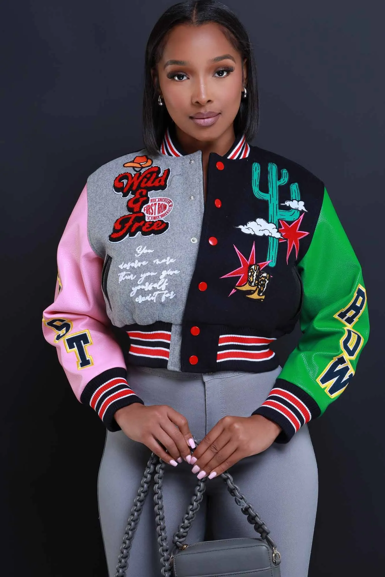Open Range Cropped Faux Leather Varsity Jacket - Navy sold by Swankaposh product image thumbnail 3