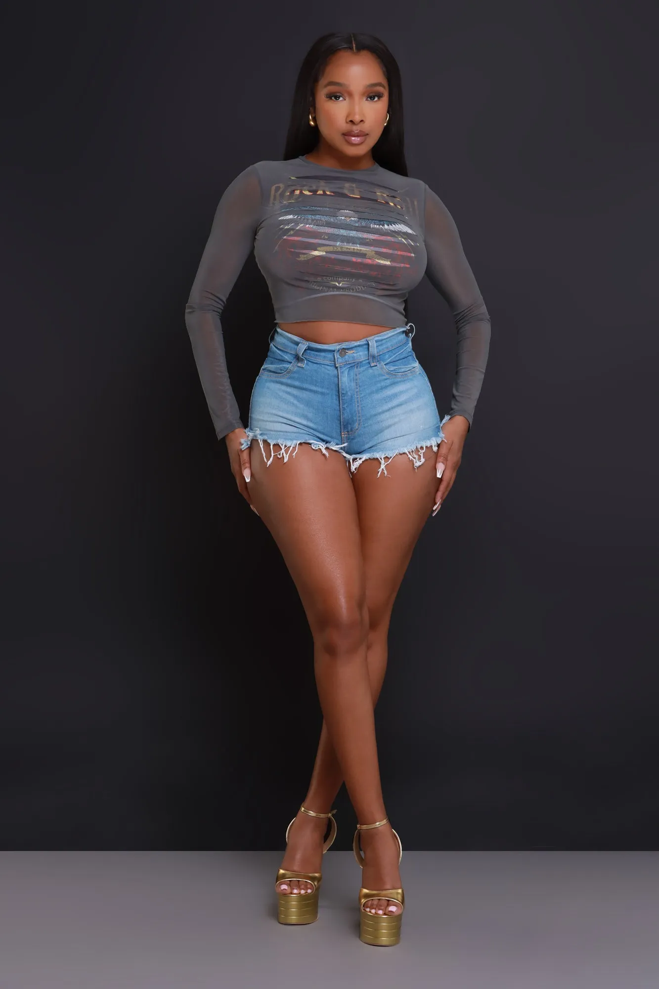 Get Rocked Laser Cut Graphic Crop Top - Grey sold by Swankaposh product image thumbnail 3