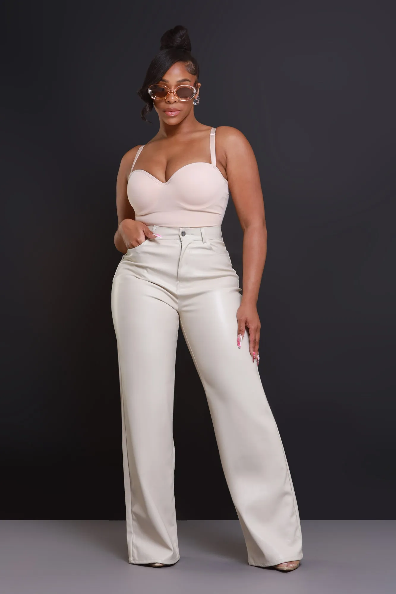 Offline Faux Leather Bootcut Pants - Cream sold by Swankaposh