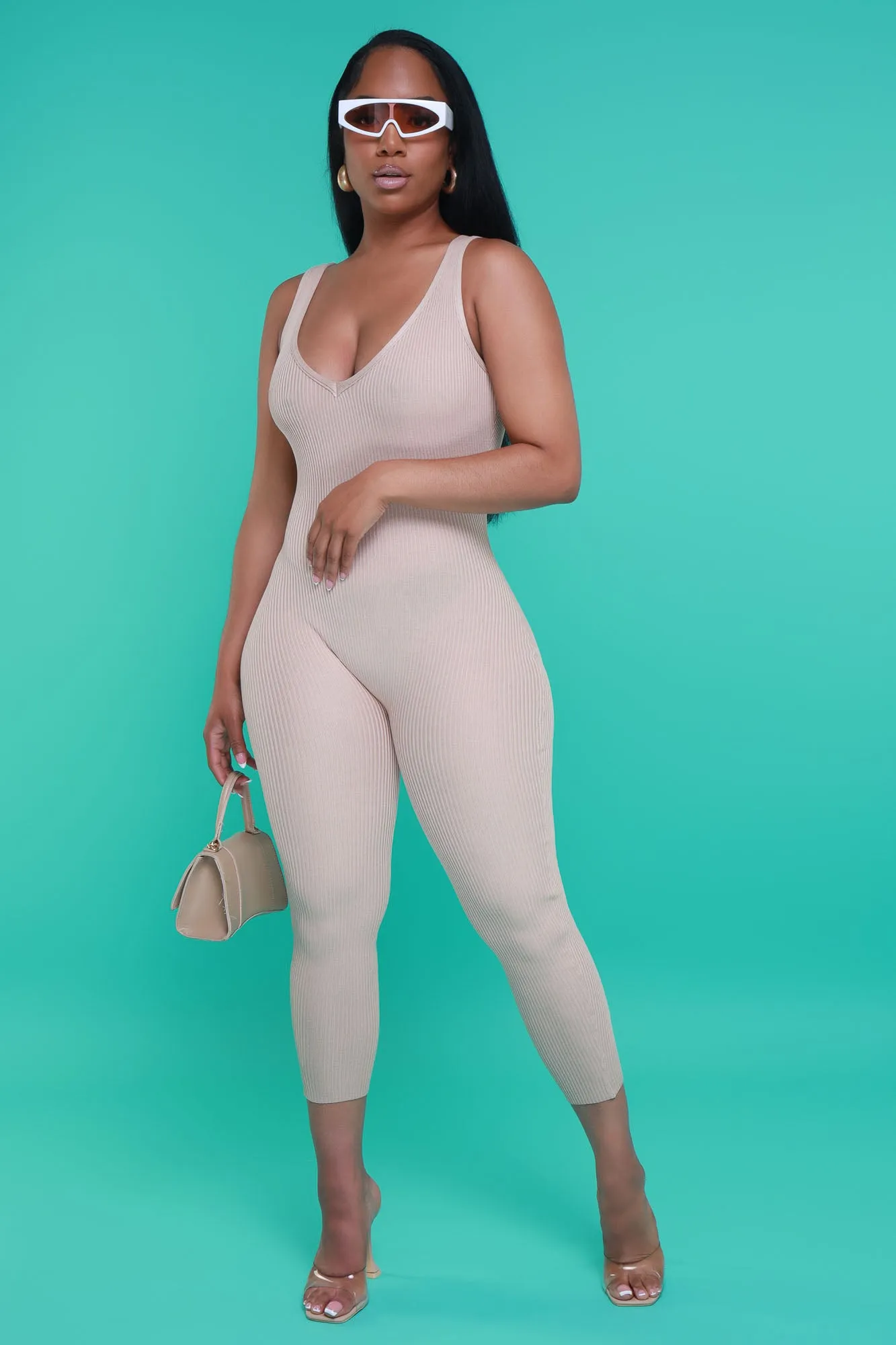 Yours Truly Sleeveless Ribbed Jumpsuit - Beige sold by Swankaposh