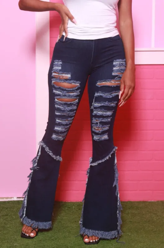 The Other Side Distressed Stretchy Flare Jeans - Dark Wash sold by Swankaposh