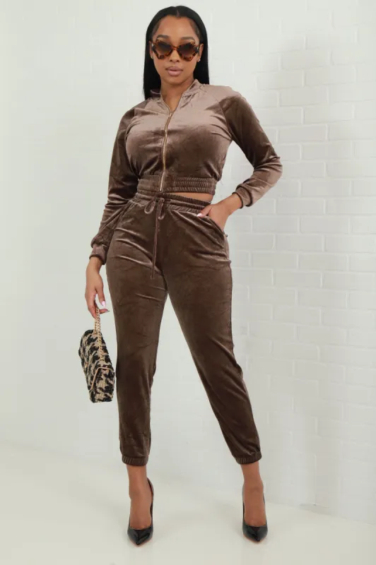 Still That Girl Velvet Jogger Set - Mocha sold by Swankaposh