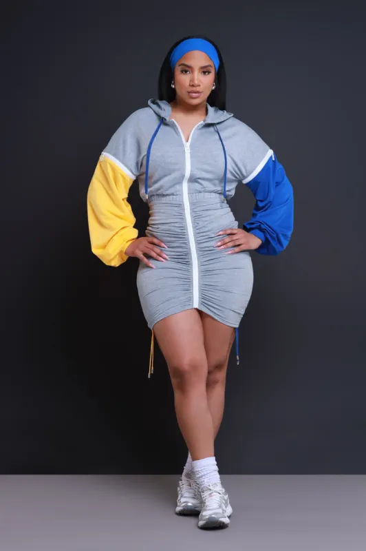 Friendly Fire Detachable Zip Mini Dress - Grey/Yellow sold by Swankaposh