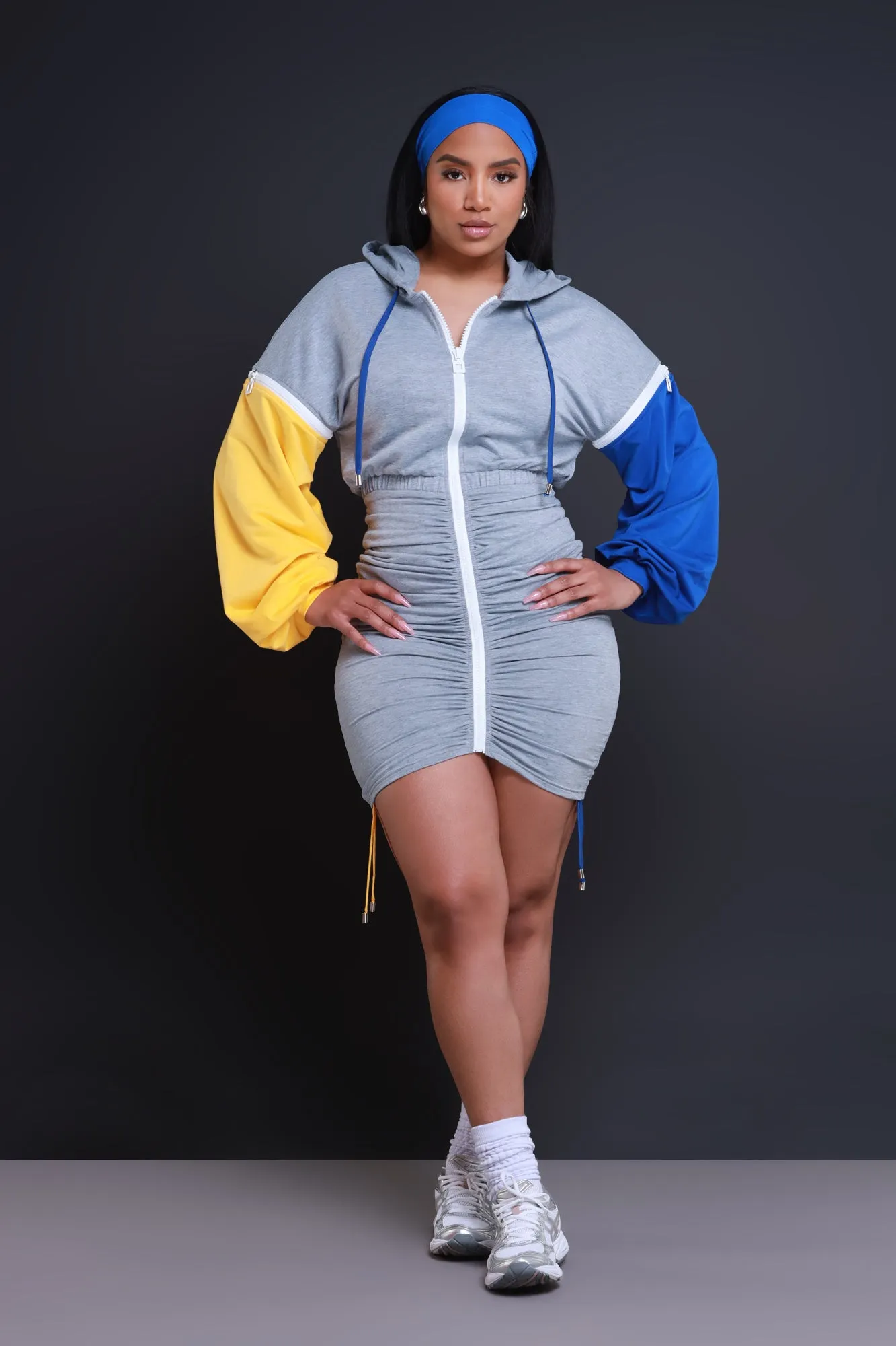 Friendly Fire Detachable Zip Mini Dress - Grey/Yellow sold by Swankaposh