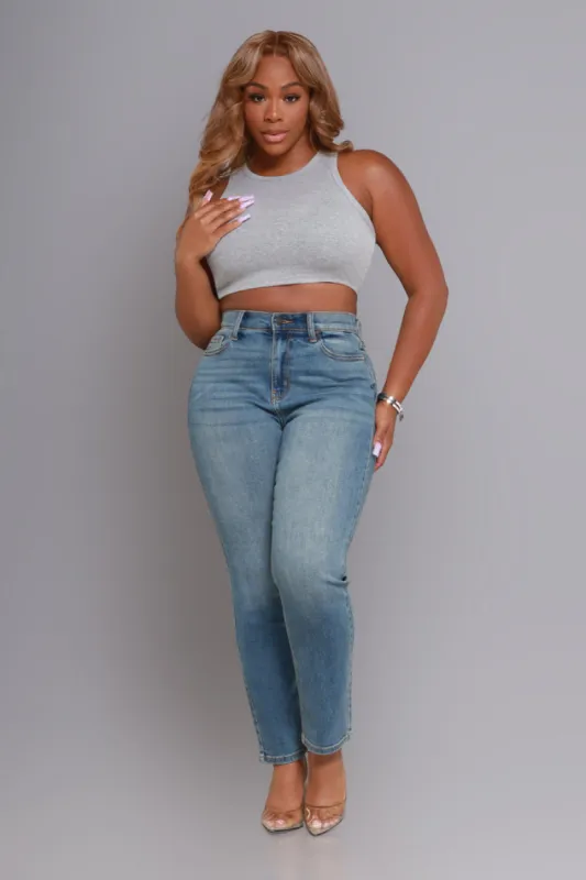 Do You Know High Rise Straight Leg Jeans - Med Wash sold by Swankaposh