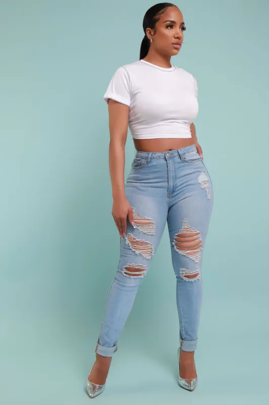 Don't Blame Me High Rise Distressed Hourglass Stretchy Jeans - Light Wash sold by Swankaposh