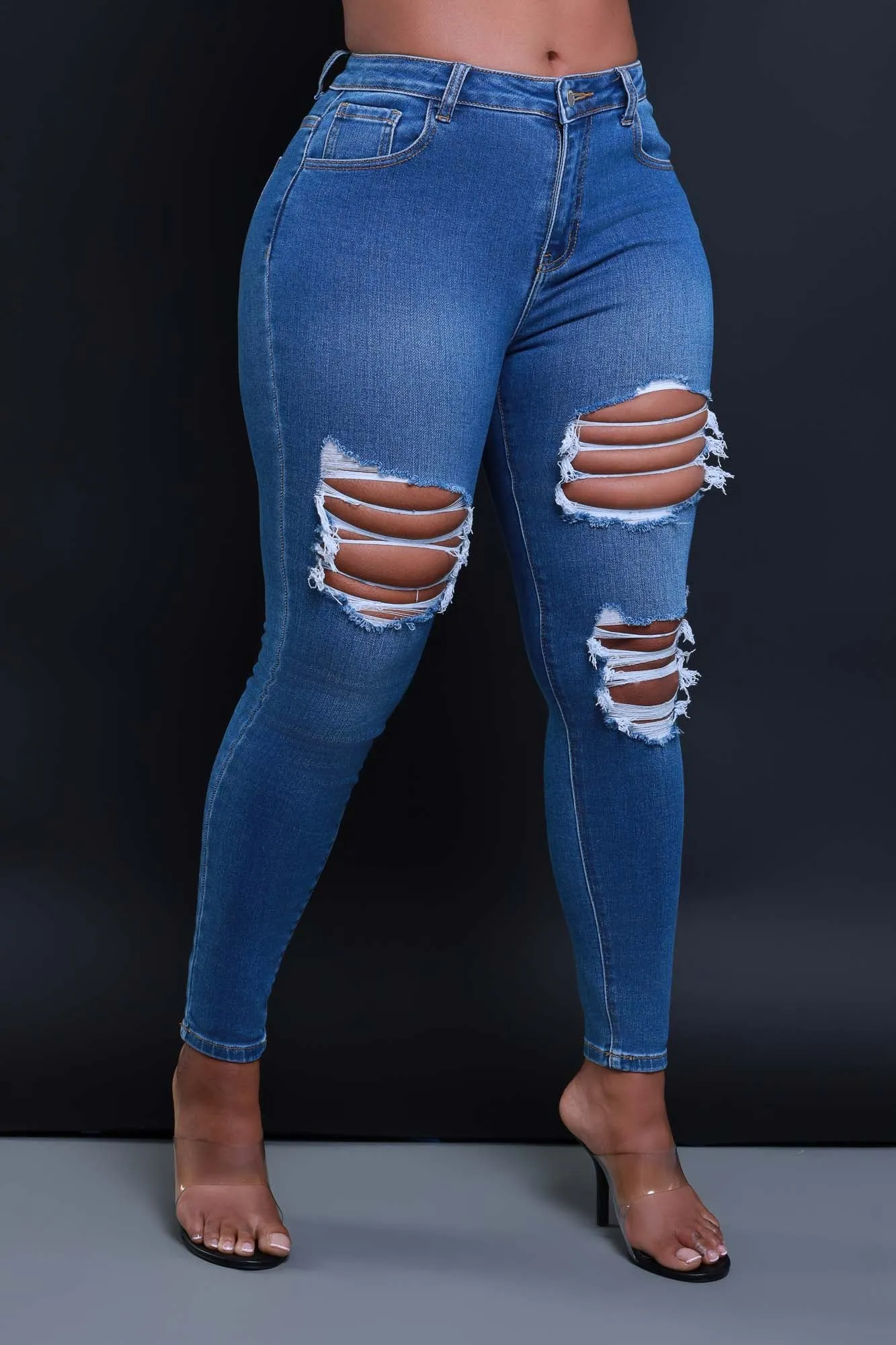 Left On Read Hourglass Distressed Stretchy Skinny Jeans - Medium Wash sold by Swankaposh product image thumbnail 5