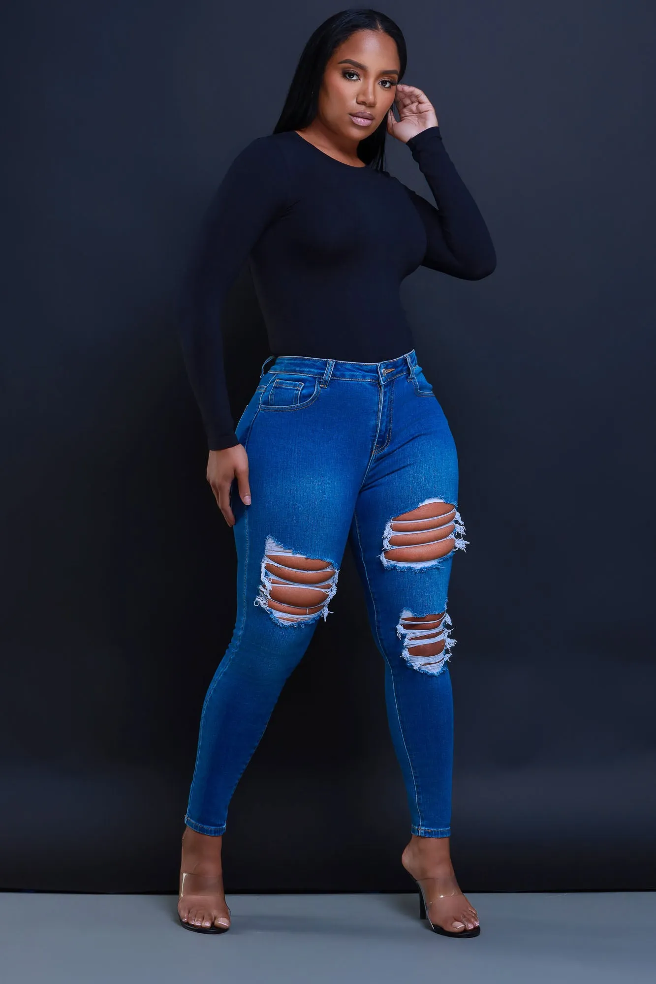 Left On Read Hourglass Distressed Stretchy Skinny Jeans - Medium Wash sold by Swankaposh product image thumbnail 4