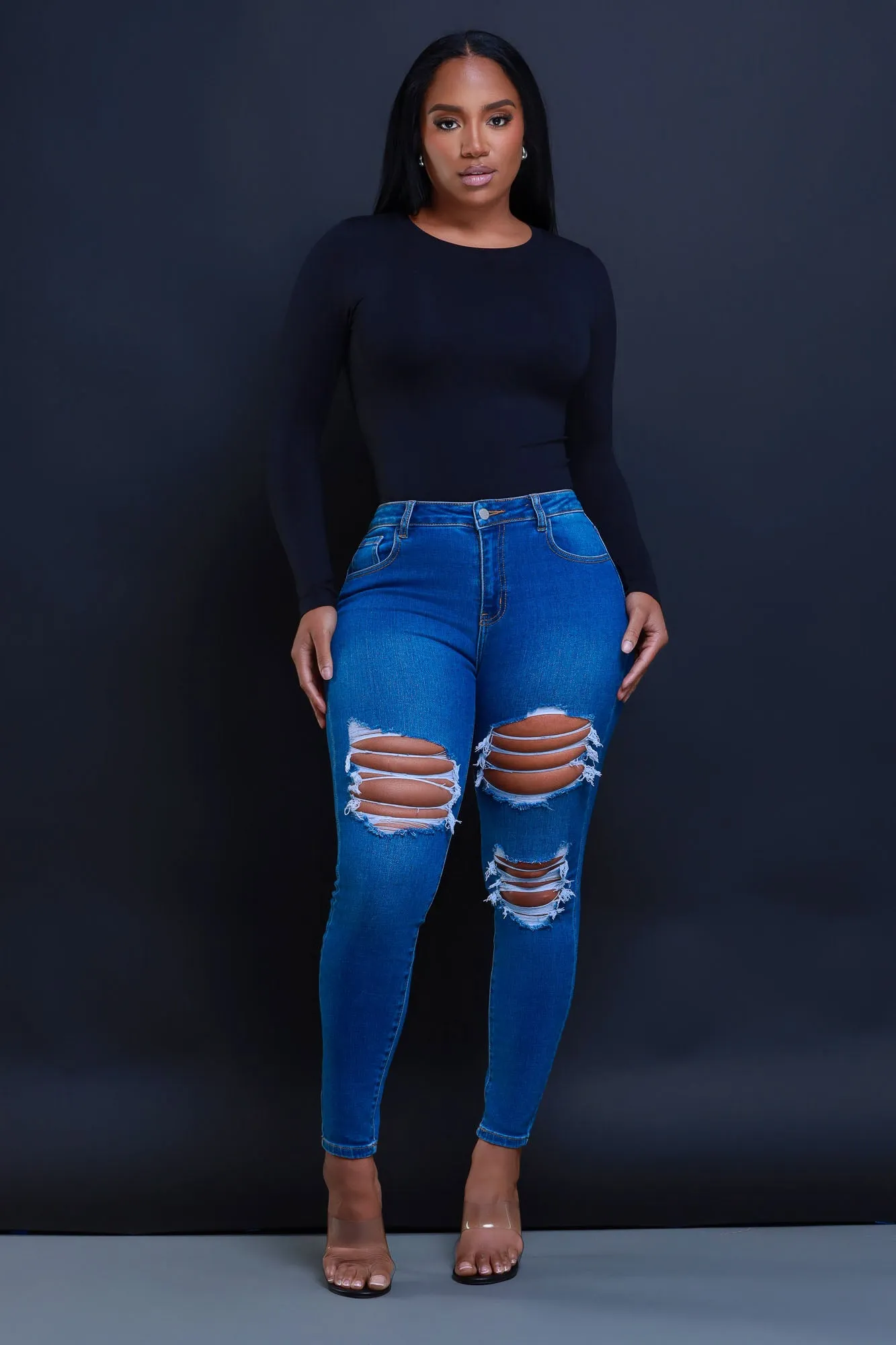 Left On Read Hourglass Distressed Stretchy Skinny Jeans - Medium Wash sold by Swankaposh