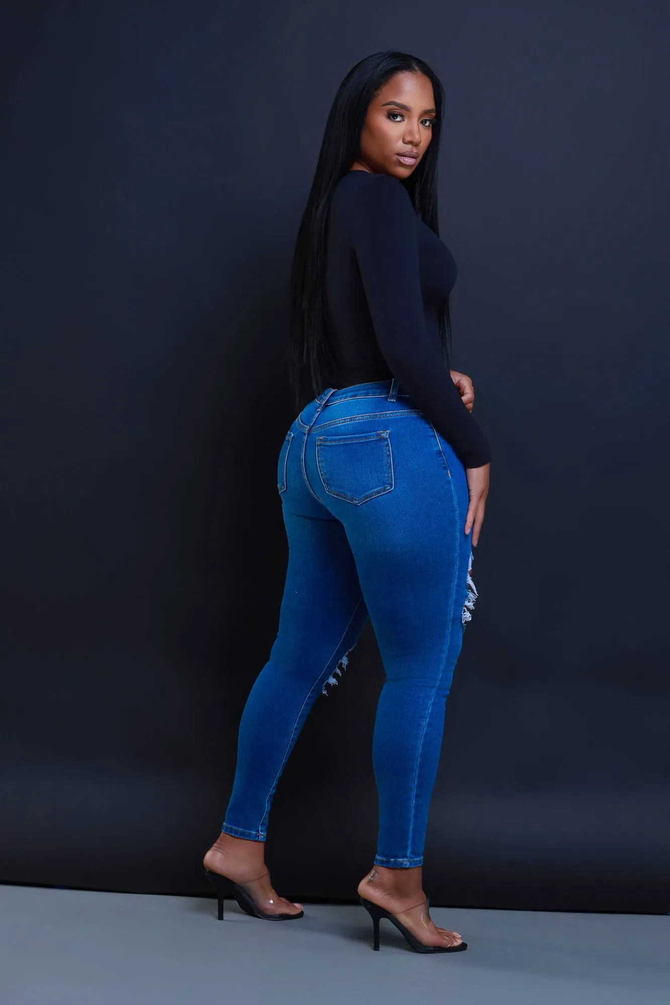 Left On Read Hourglass Distressed Stretchy Skinny Jeans - Medium Wash sold by Swankaposh product image thumbnail 3