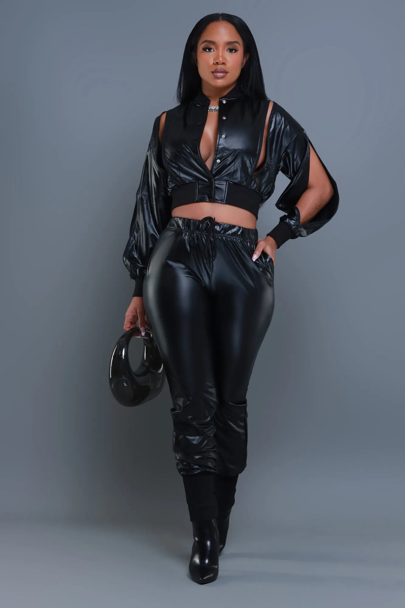 Top Priority Zippered Cropped Jogger Set - Black Faux Leather sold by Swankaposh product image thumbnail 2