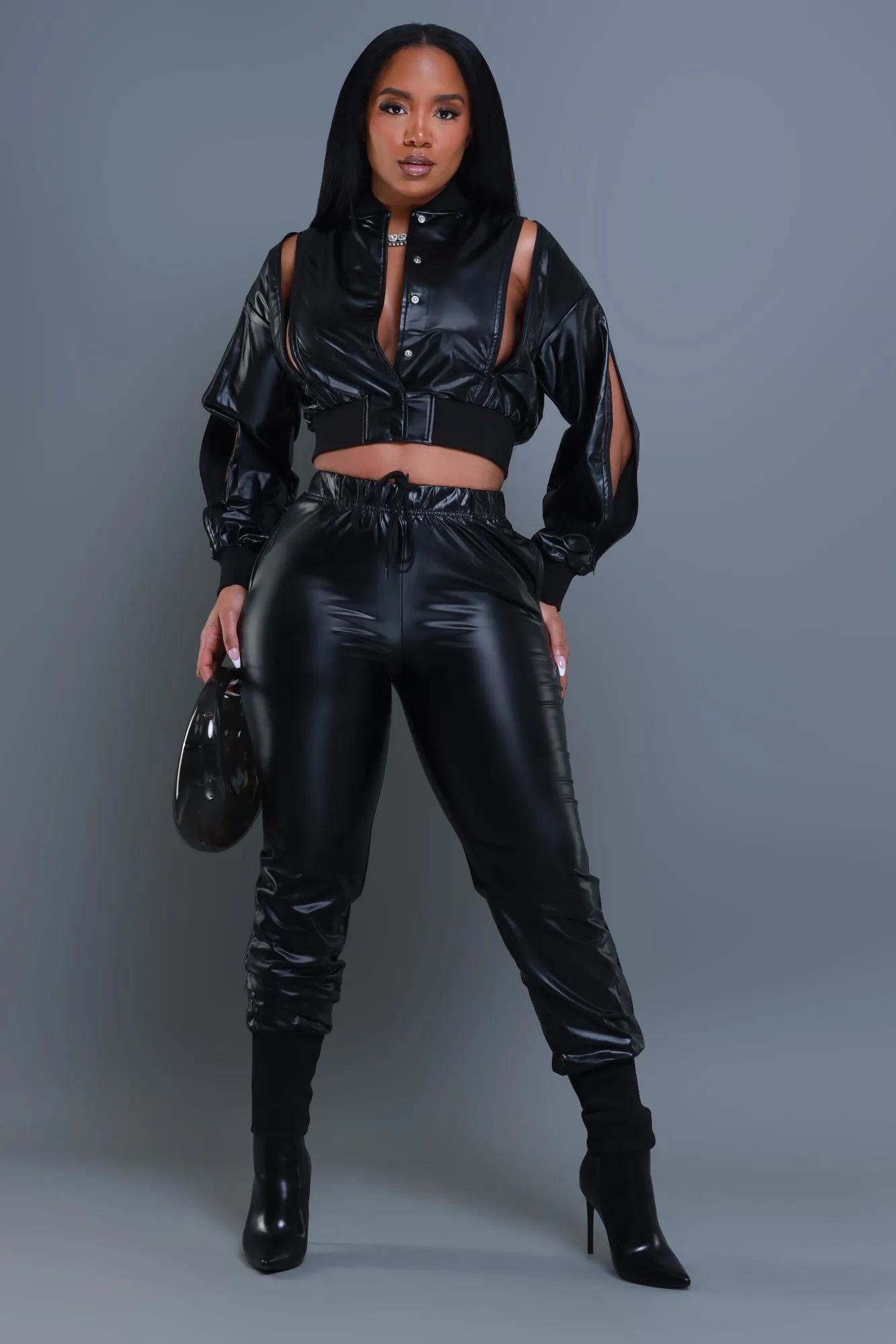 Top Priority Zippered Cropped Jogger Set - Black Faux Leather sold by Swankaposh