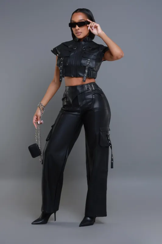 Filthy Rich Faux Leather Cargo Pants Set - Black sold by Swankaposh