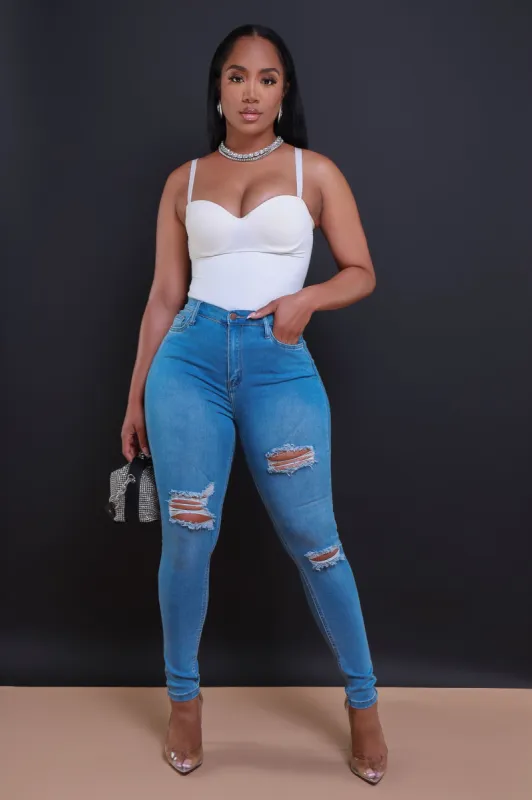 On A Dime Distressed Stretchy Skinny Jeans - Medium Wash sold by Swankaposh