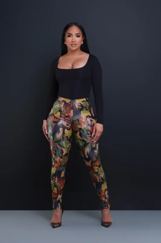 Can't Survive Faux Leather High Rise Pants - Olive Camo sold by Swankaposh