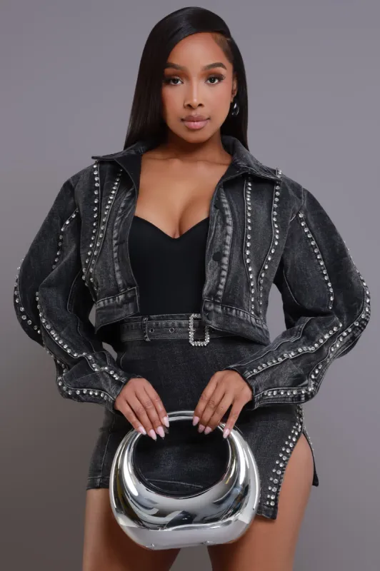 Rent's Due Rhinestone Denim Jacket - Black sold by Swankaposh