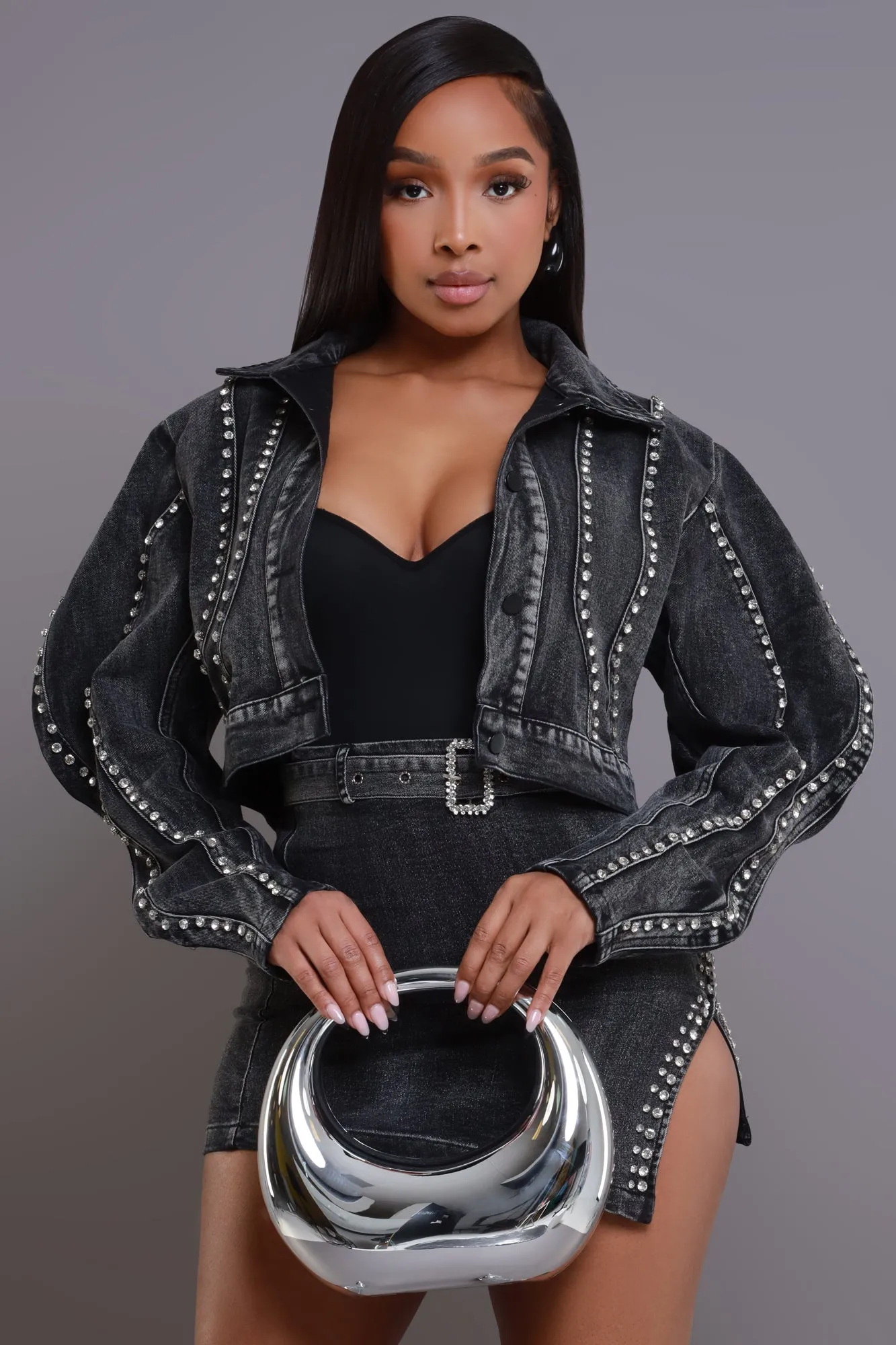 Rent's Due Rhinestone Denim Jacket - Black sold by Swankaposh