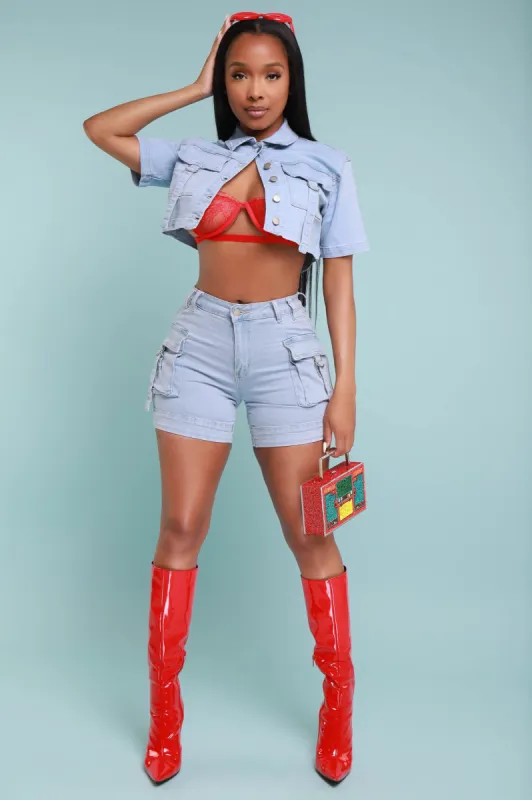 Ask Myself Short Sleeve Denim Cropped Jacket - Light Blue sold by Swankaposh