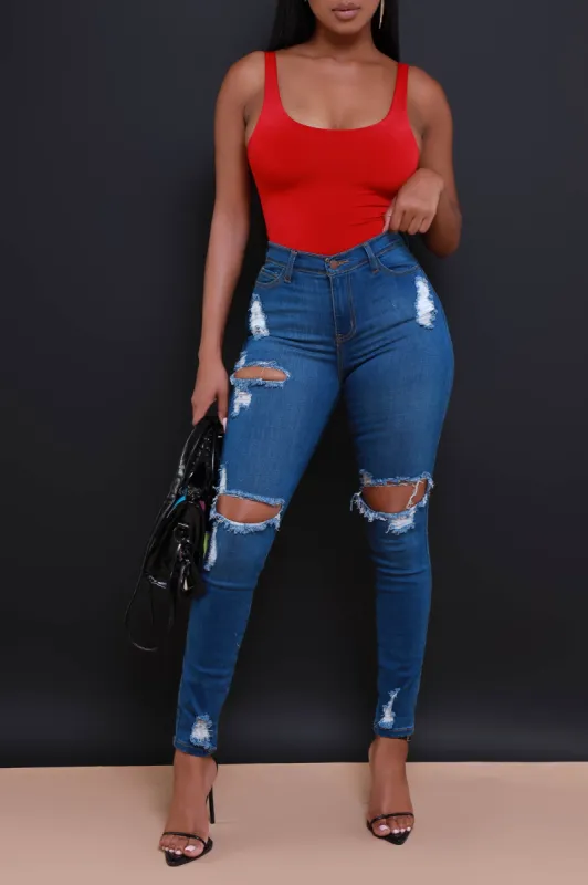 No Favors Distressed Stretch Skinny Jeans - Medium Wash sold by Swankaposh