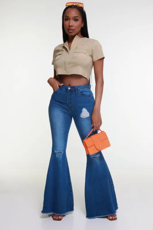 Break Free High Rise Distressed Bell Bottom Jeans - Medium Wash sold by Swankaposh