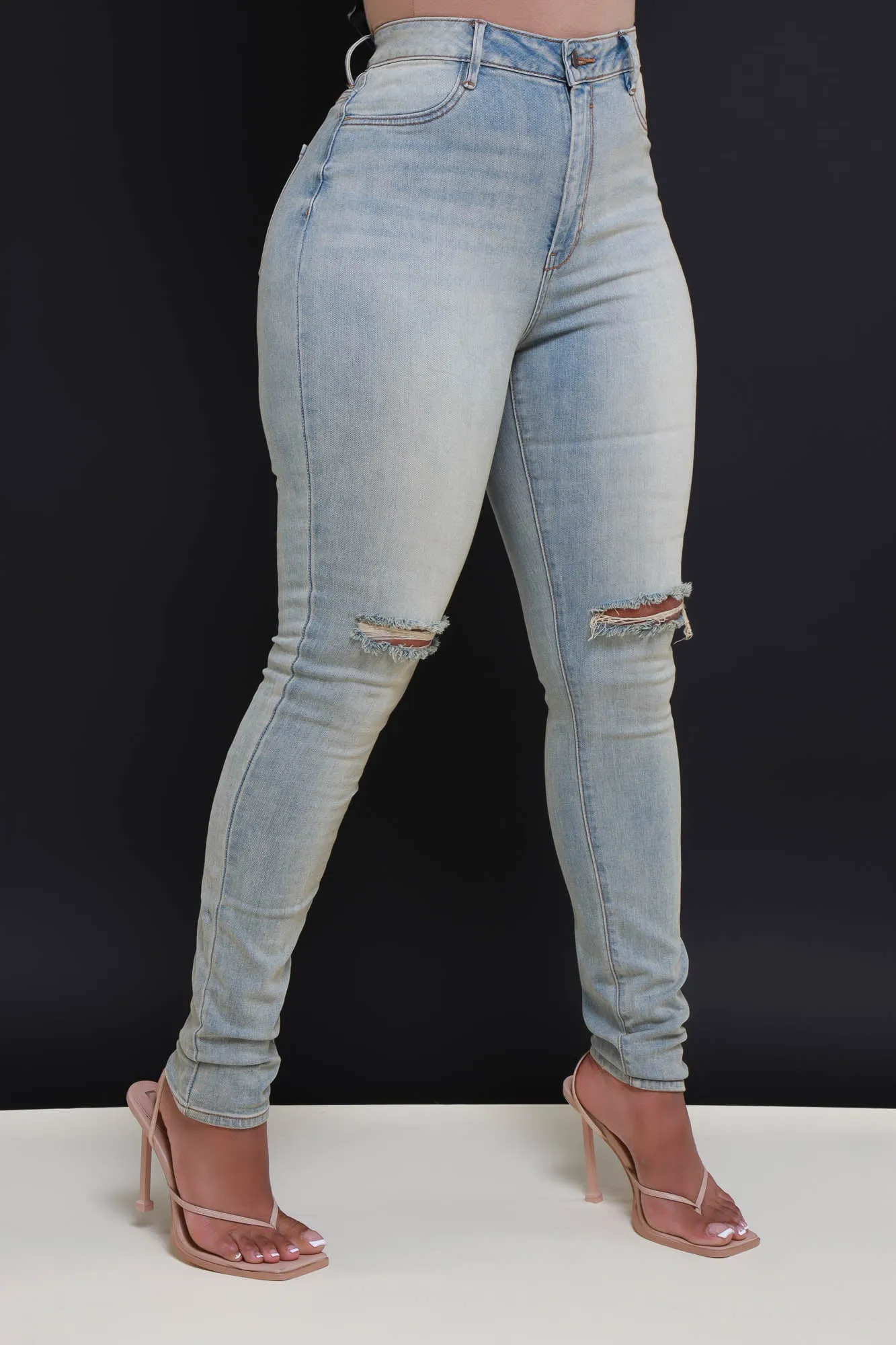 Zone Out High Rise Distressed Skinny Jeans - Light Wash sold by Swankaposh product image thumbnail 3