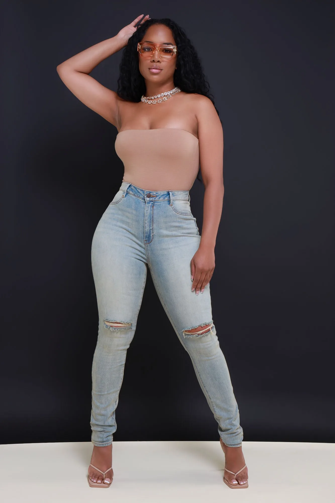 Zone Out High Rise Distressed Skinny Jeans - Light Wash sold by Swankaposh product image thumbnail 4