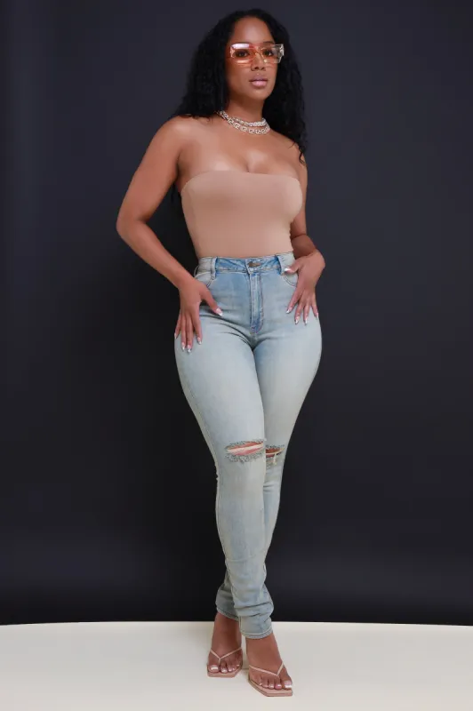 Zone Out High Rise Distressed Skinny Jeans - Light Wash sold by Swankaposh