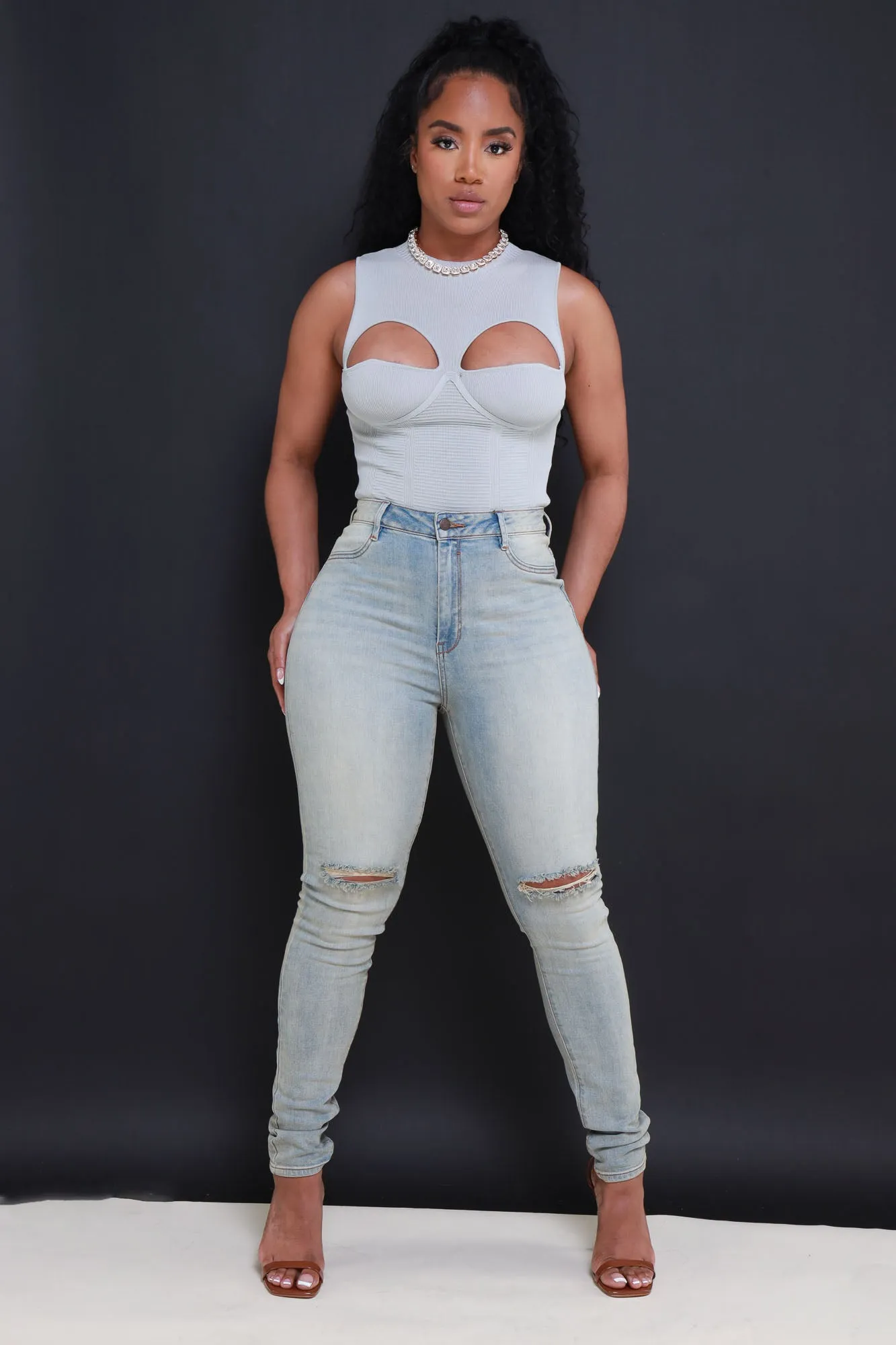 Zone Out High Rise Distressed Skinny Jeans - Light Wash sold by Swankaposh product image thumbnail 5