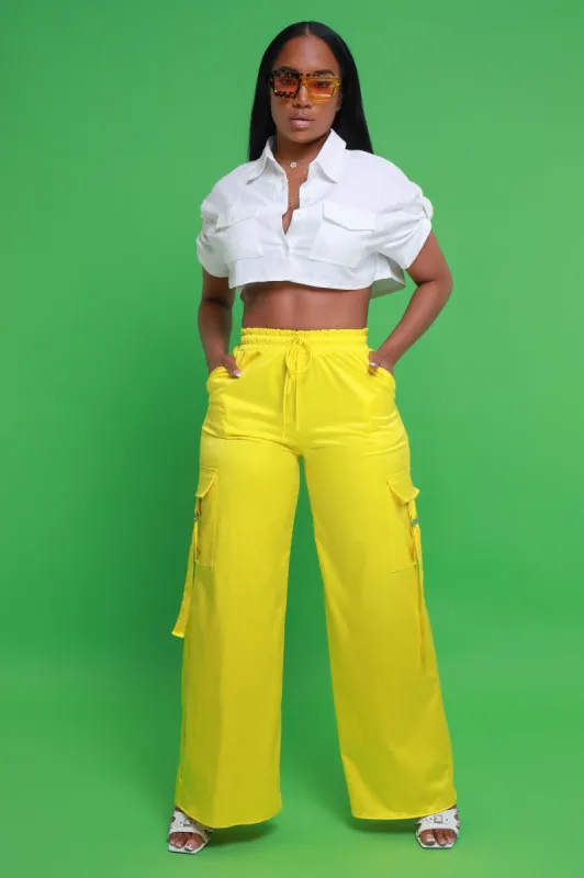 Satin Multi Pocket Long Cargo Pants - Yellow sold by Swankaposh