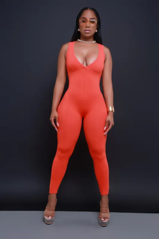 Let It Ride Cellulite Deleter V-Neck Jumpsuit - Orange sold by Swankaposh