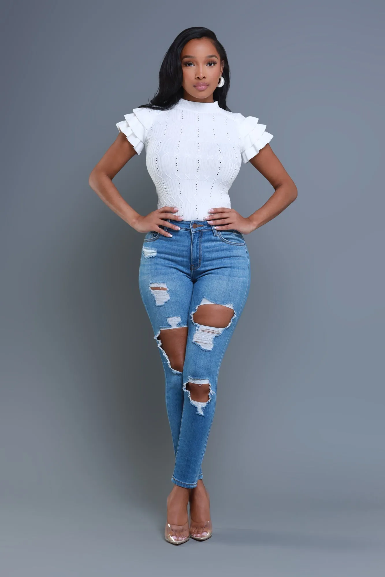 Sweetness Ruffle Shoulder Turtleneck Short Sleeve Sweater - White sold by Swankaposh product image thumbnail 5