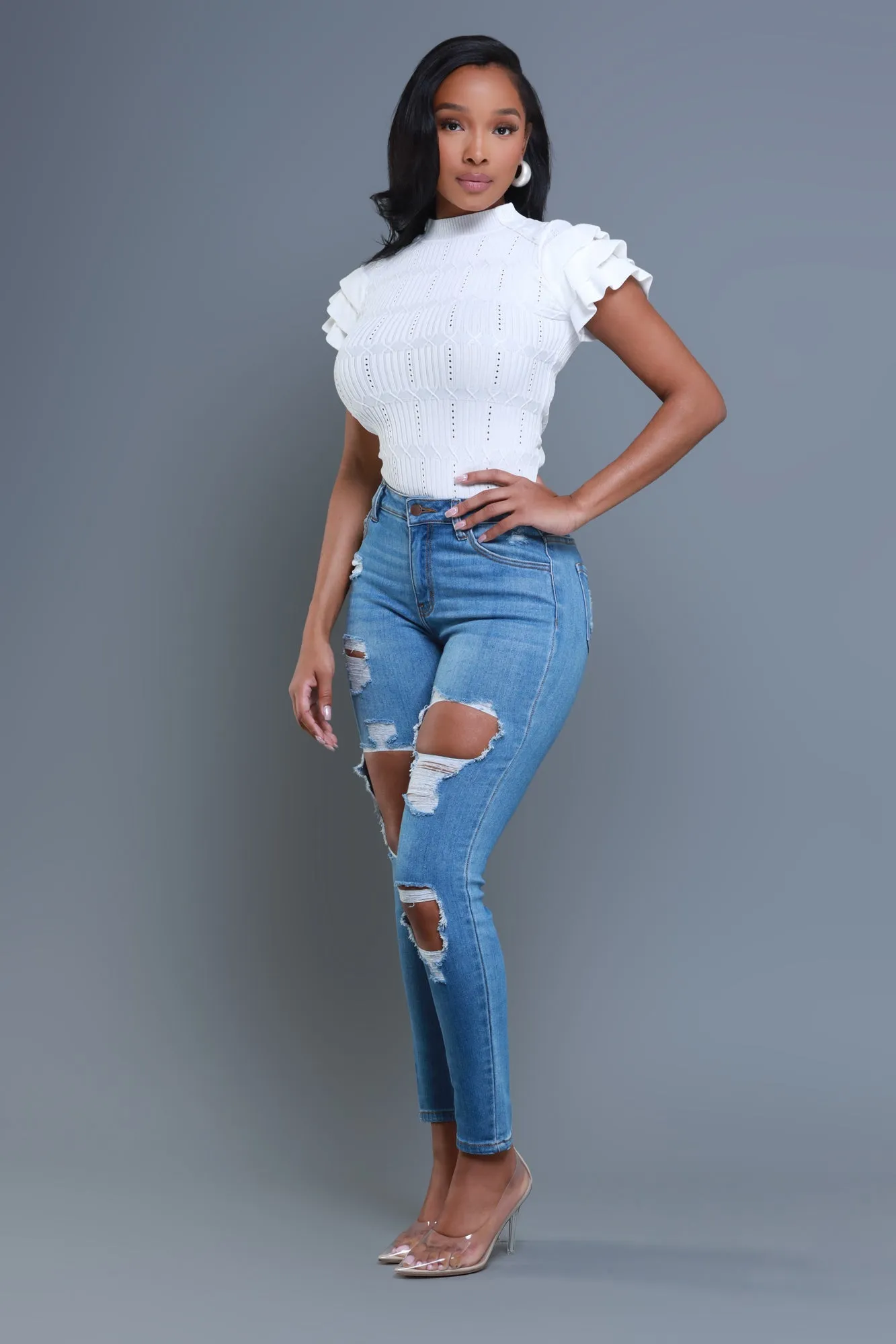 Sweetness Ruffle Shoulder Turtleneck Short Sleeve Sweater - White sold by Swankaposh product image thumbnail 2