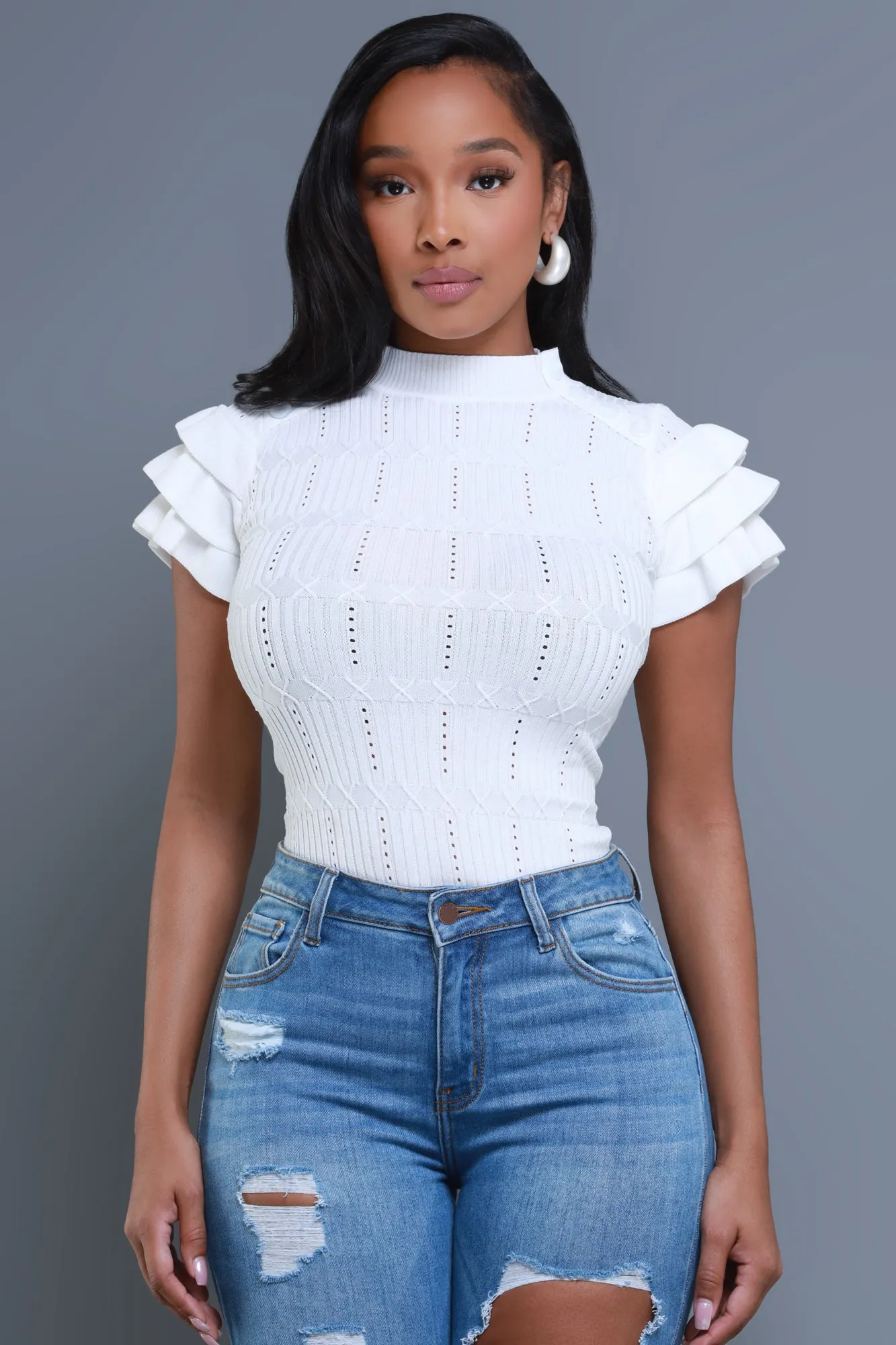 Sweetness Ruffle Shoulder Turtleneck Short Sleeve Sweater - White sold by Swankaposh