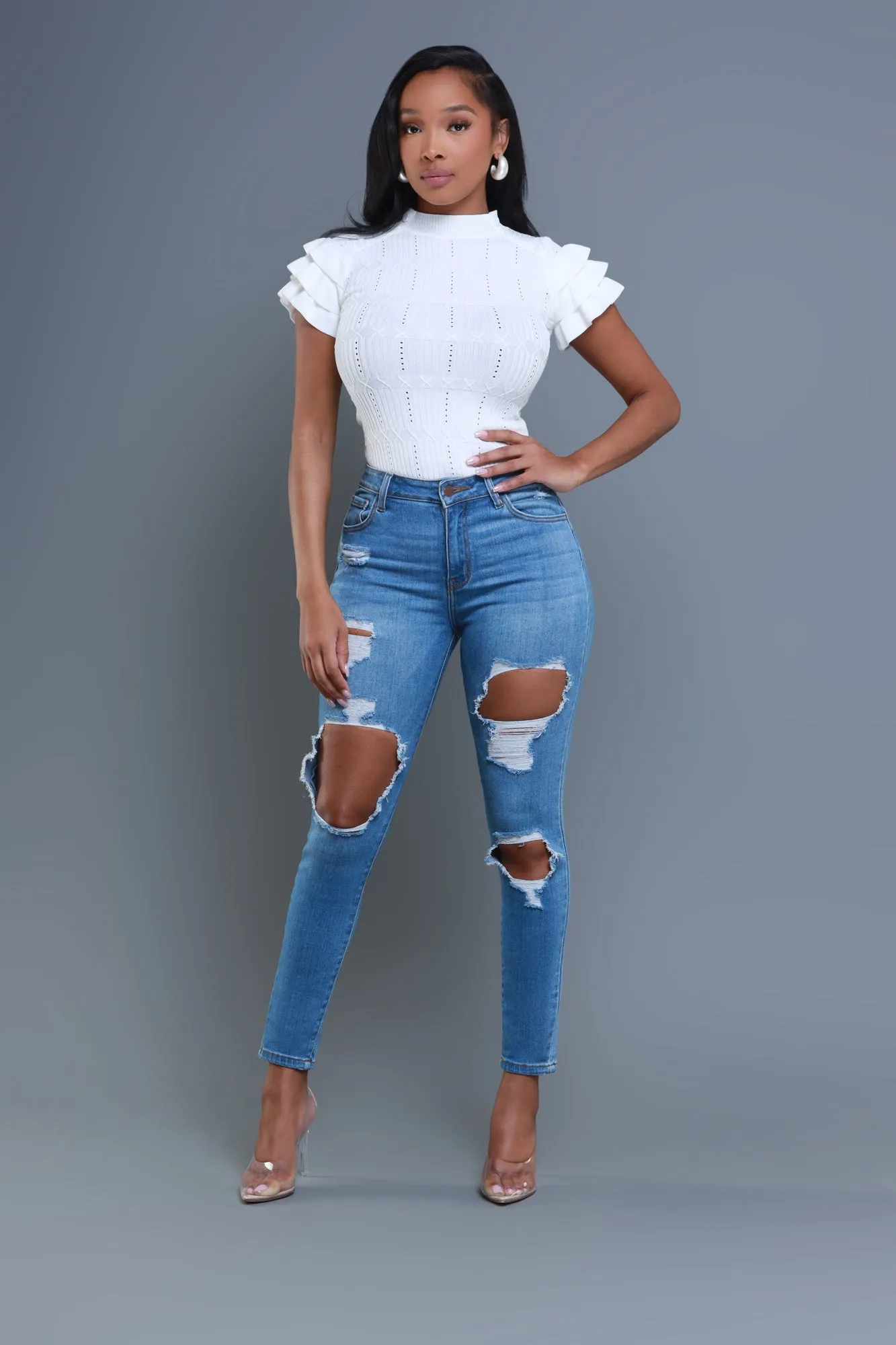 Sweetness Ruffle Shoulder Turtleneck Short Sleeve Sweater - White sold by Swankaposh product image thumbnail 4