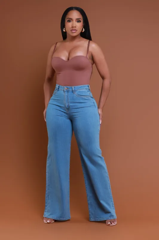 Let's Meet High Rise Wide Flare Jeans - Medium Wash sold by Swankaposh