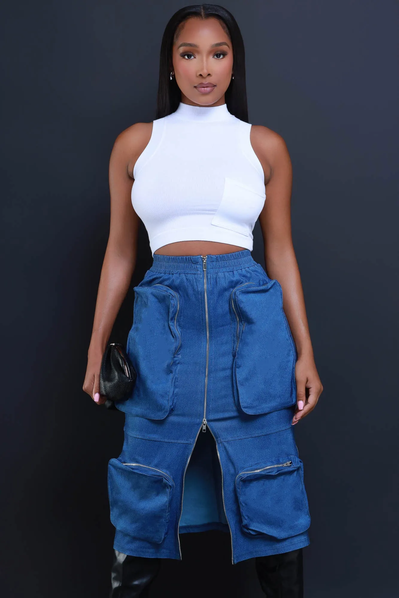 Get Busy Zippered Cargo Midi Skirt - Blue sold by Swankaposh product image thumbnail 5