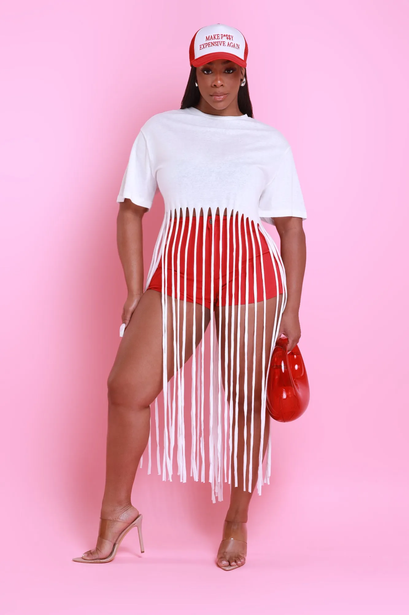 Strings Attached Short Sleeve Longline Fringe Top - Ivory sold by Swankaposh