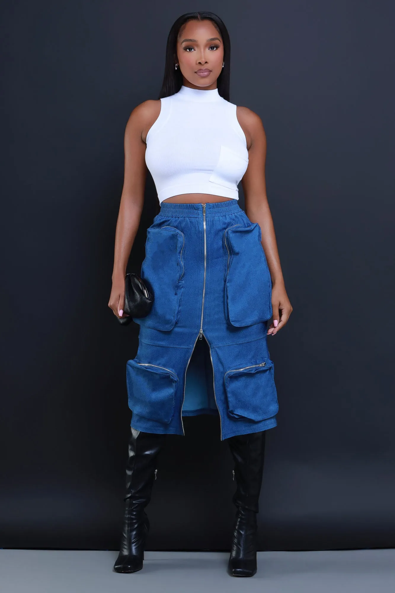 Get Busy Zippered Cargo Midi Skirt - Blue sold by Swankaposh