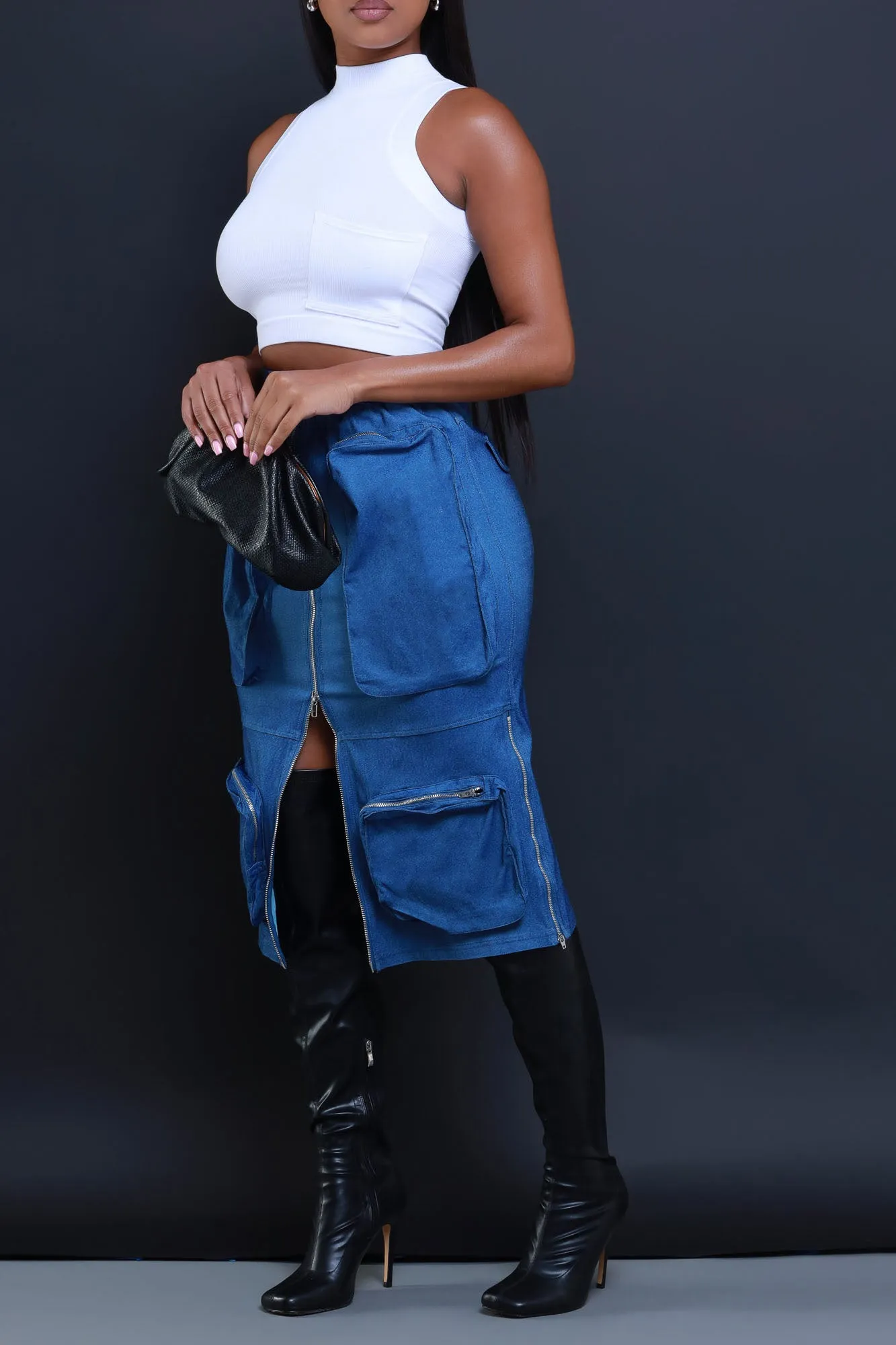 Get Busy Zippered Cargo Midi Skirt - Blue sold by Swankaposh product image thumbnail 4