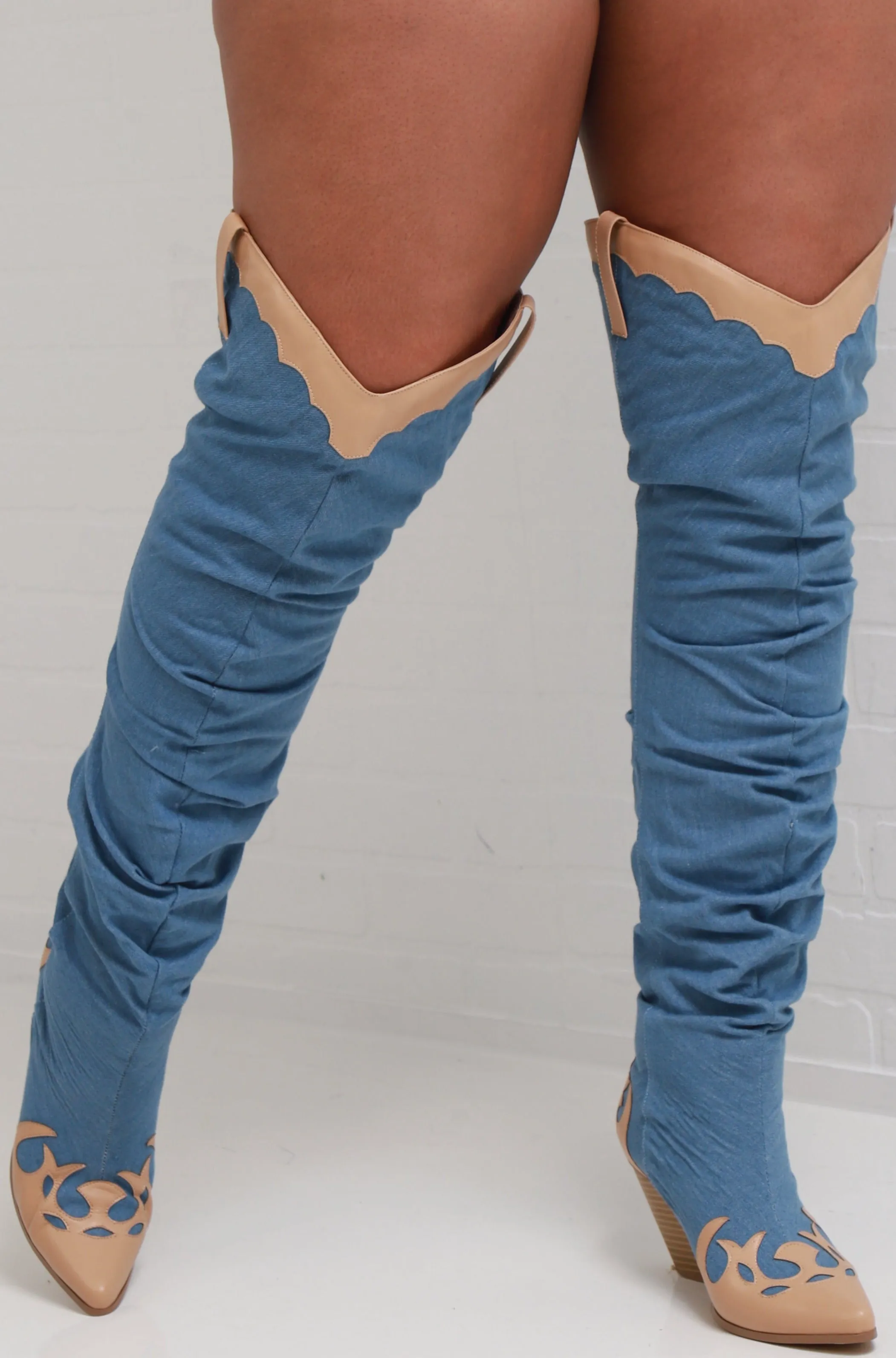 Bow Down Thigh High Denim Boots - Blue sold by Swankaposh product image thumbnail 2