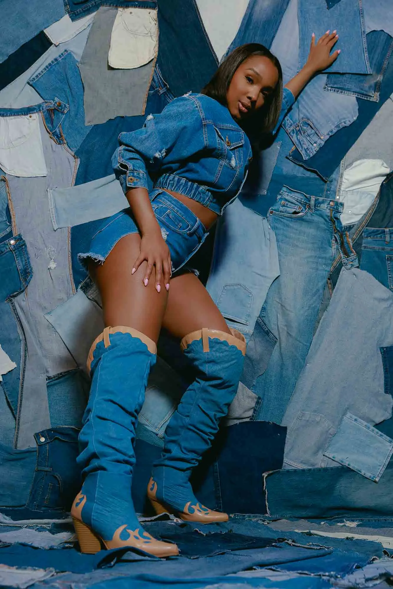 Bow Down Thigh High Denim Boots - Blue sold by Swankaposh