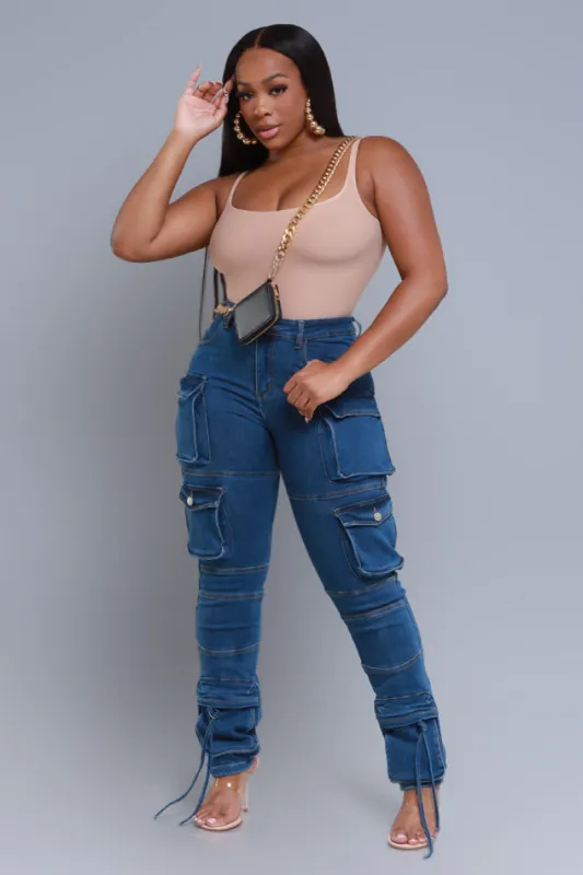 Having Fun Denim Cargo Skinny Jeans - Dark Wash sold by Swankaposh